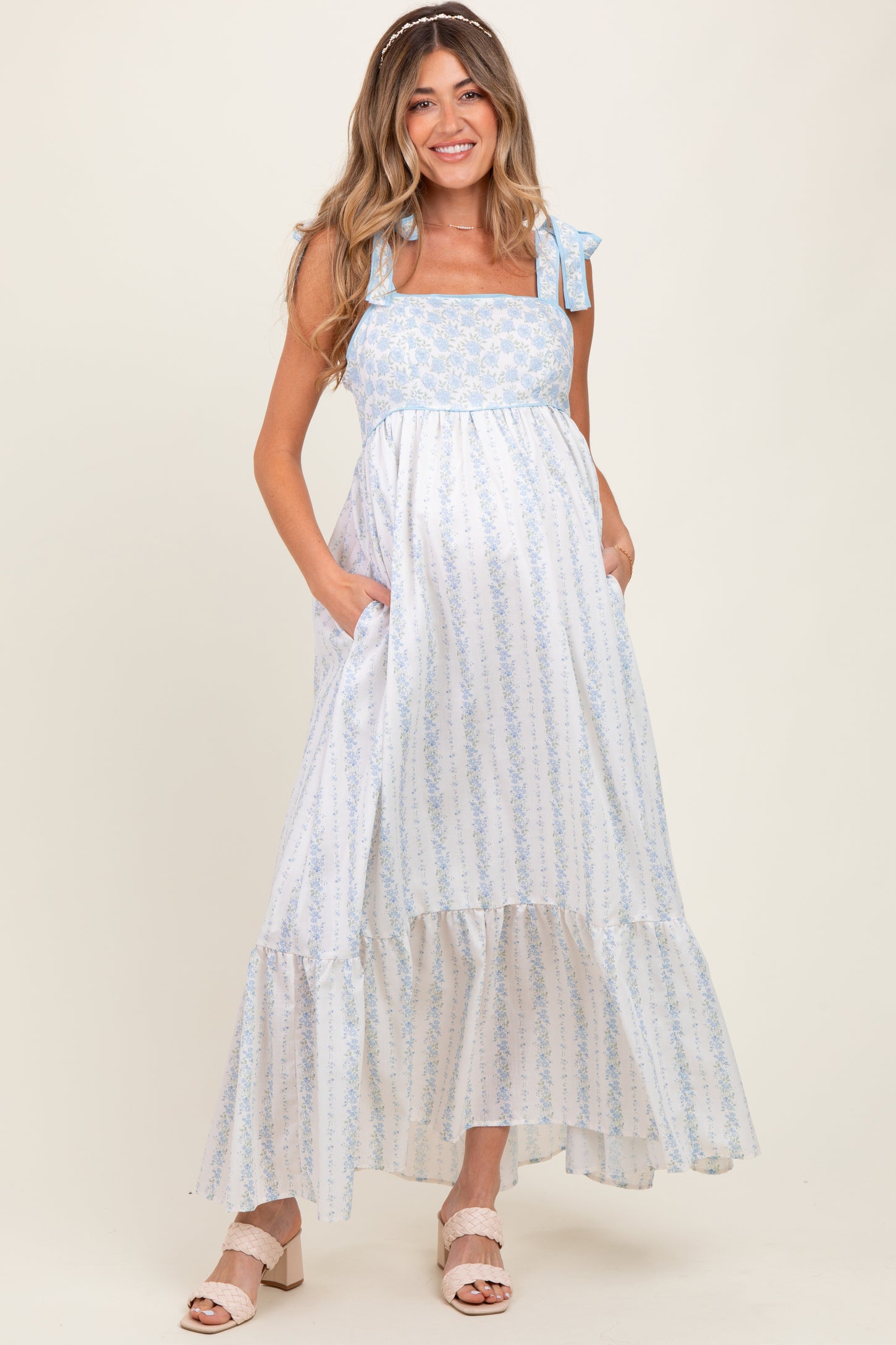 Light Blue Floral Cotton Maternity Dress