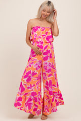 Orange Fuchsia Floral Strapless Ruffle Wide Leg Maternity Jumpsuit