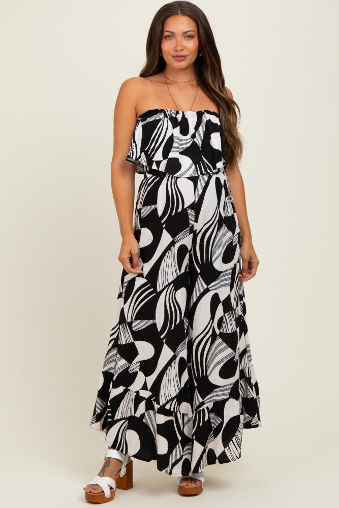 Black/Cream Printed Wide Leg Tube Maternity Jumpsuit