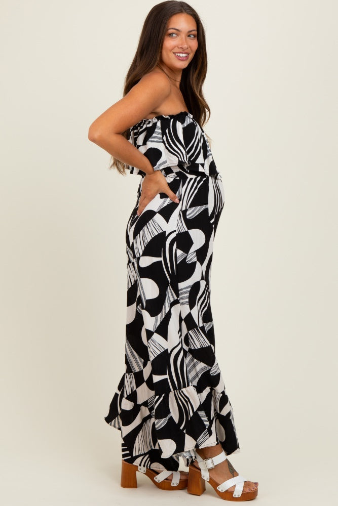 Black/Cream Printed Wide Leg Tube Maternity Jumpsuit