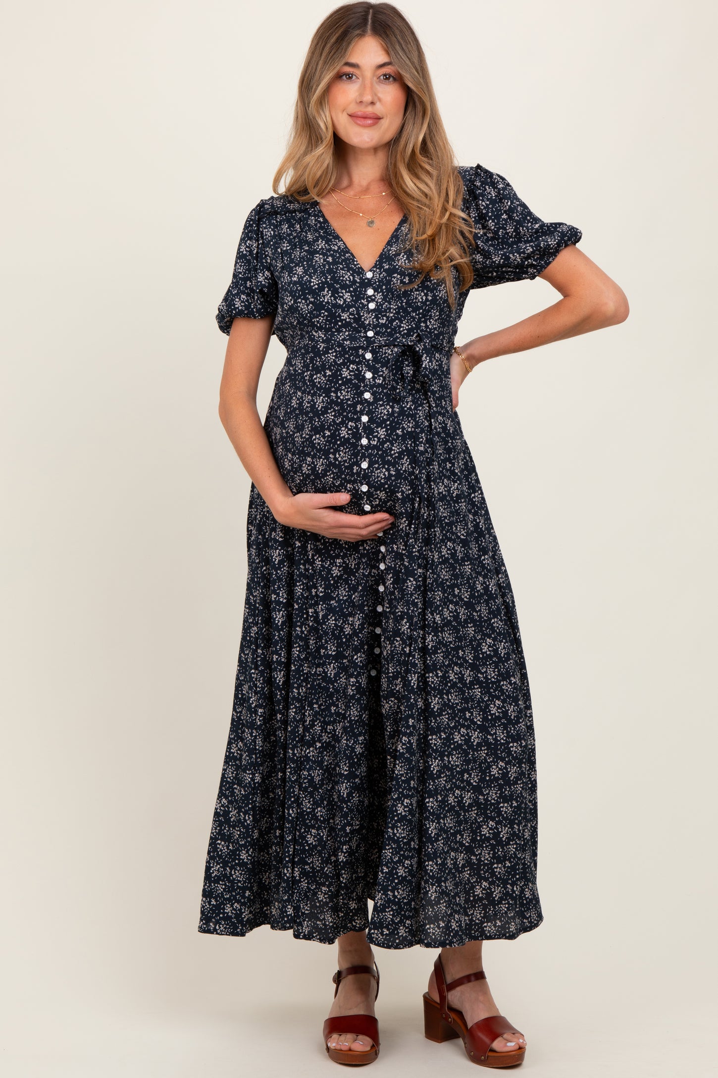 Navy Floral Button Down Maternity Dress