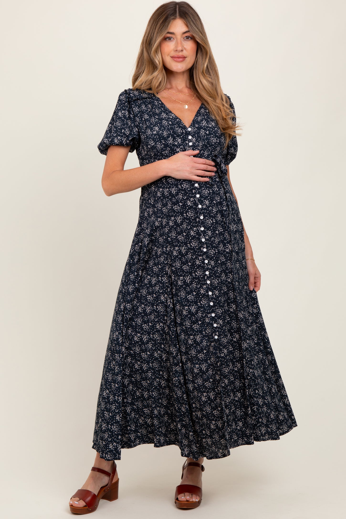 pink blush navy floral dress PinkBlush Maternity Floral Maxi Dress Navy Blue Ruched on off Shoulder Sz Large