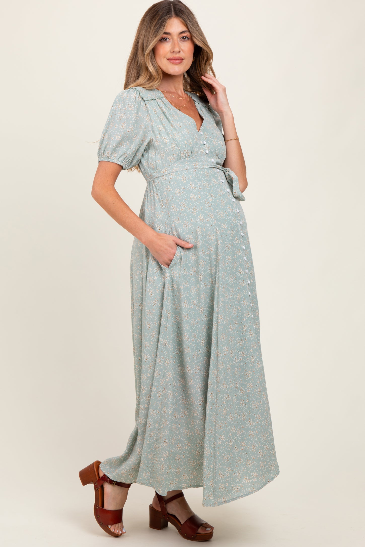 Sage Floral Button Down Maternity Dress – PinkBlush Sage Floral Button Down Maternity Dress – PinkBlush