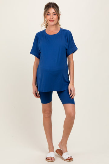 Navy Hi-Low Short Sleeve Tee Biker Short Maternity Set