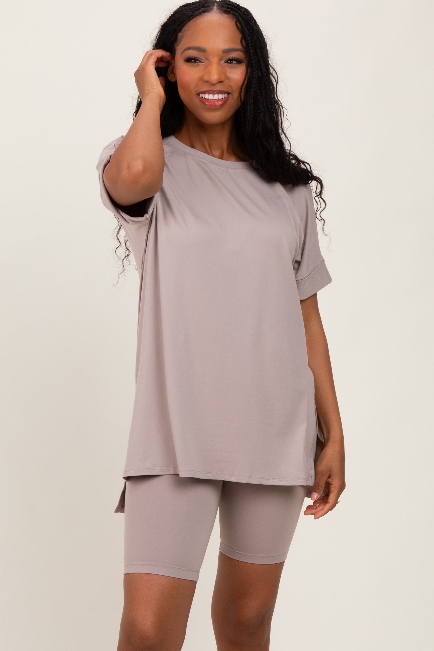 Beige Hi-Low Short Sleeve Tee Biker Short Set