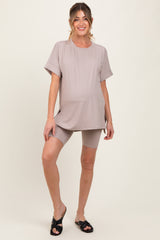 Beige Hi-Low Short Sleeve Tee Biker Short Maternity Set