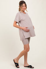 Beige Hi-Low Short Sleeve Tee Biker Short Maternity Set