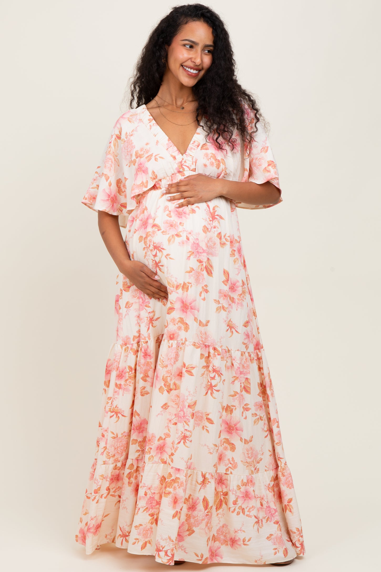 Pink Floral Satin Short Sleeve Deep V-Neck Tiered Maternity Maxi Dress