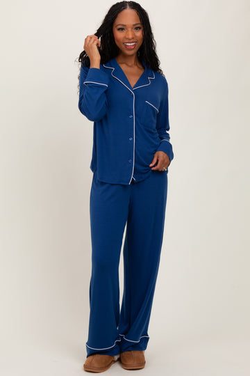 Navy Button Down Top Wide Leg Pant Pajama Set