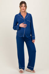 Navy Button Down Top Wide Leg Pant Maternity Pajama Set