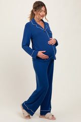 Navy Button Down Top Wide Leg Pant Maternity Pajama Set