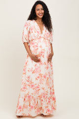 Pink Floral Printed Elbow Sleeve V-Neck Tiered Maternity Maxi Dress