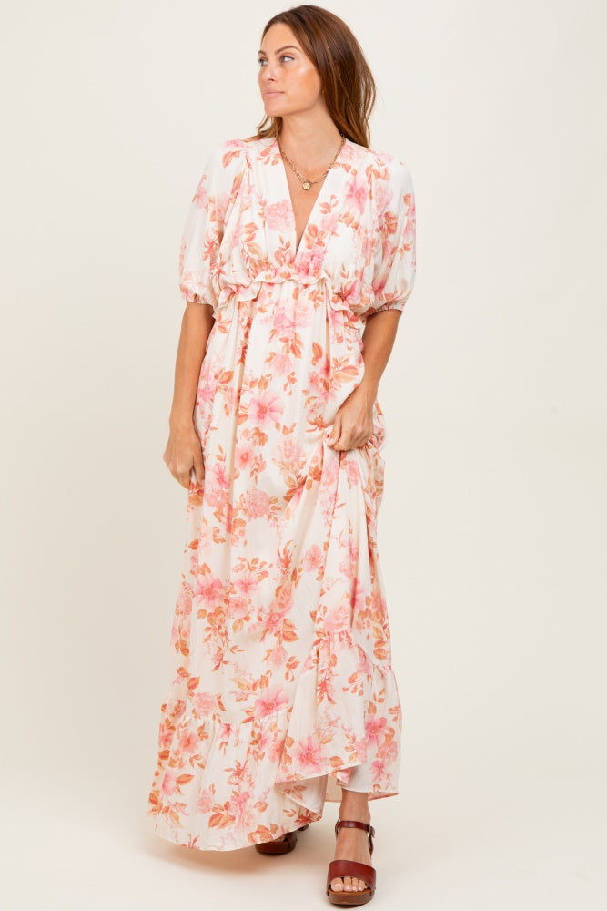 Pink Floral Printed Elbow Sleeve V-Neck Tiered Maxi Dress