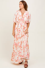 Pink Floral Printed Elbow Sleeve V-Neck Tiered Maxi Dress