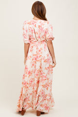 Pink Floral Printed Elbow Sleeve V-Neck Tiered Maxi Dress