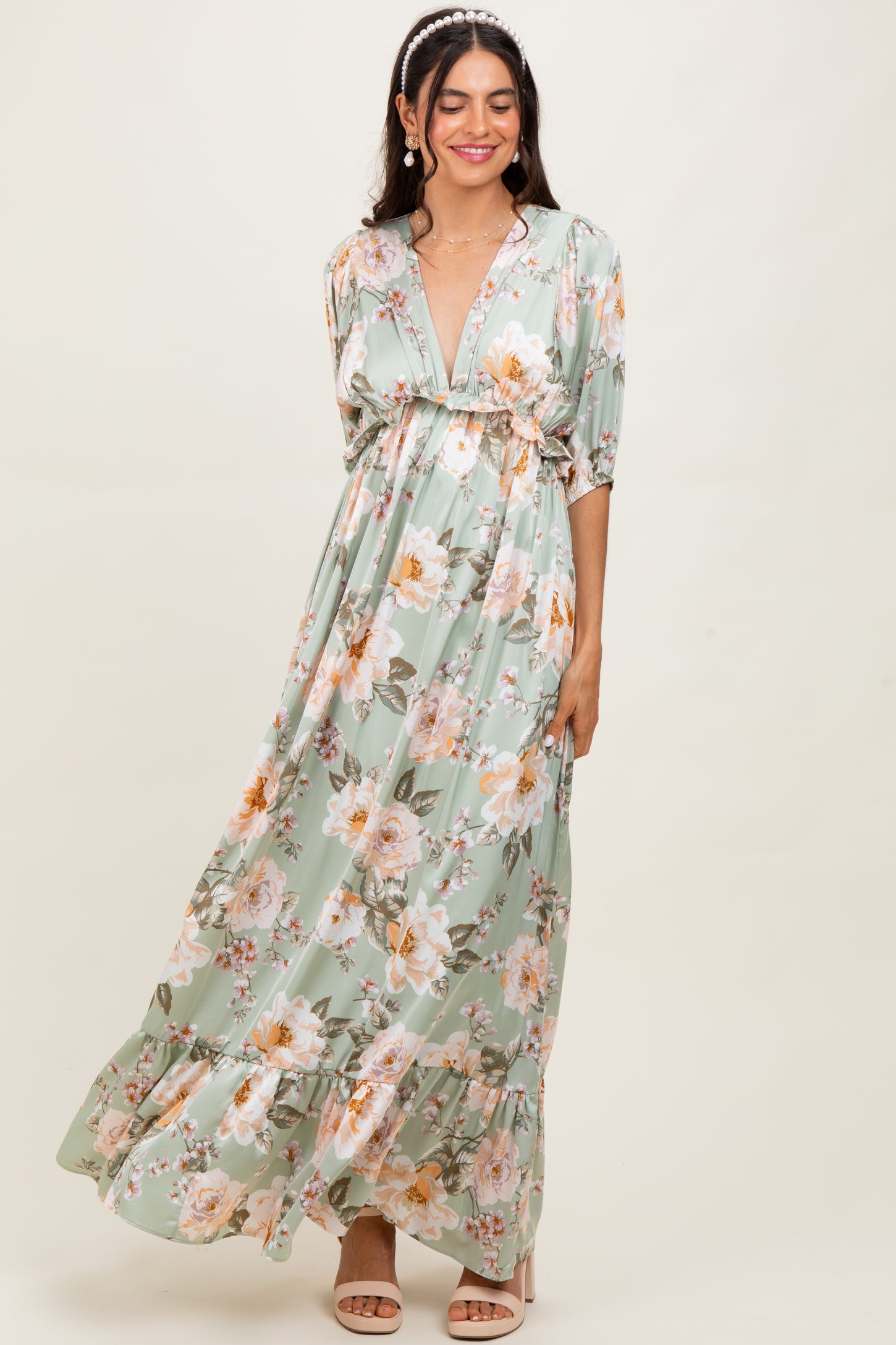 elbow length maxi dress Women's Plus Elbow Sleeve Button-Front Lace Trim Maxi Dress