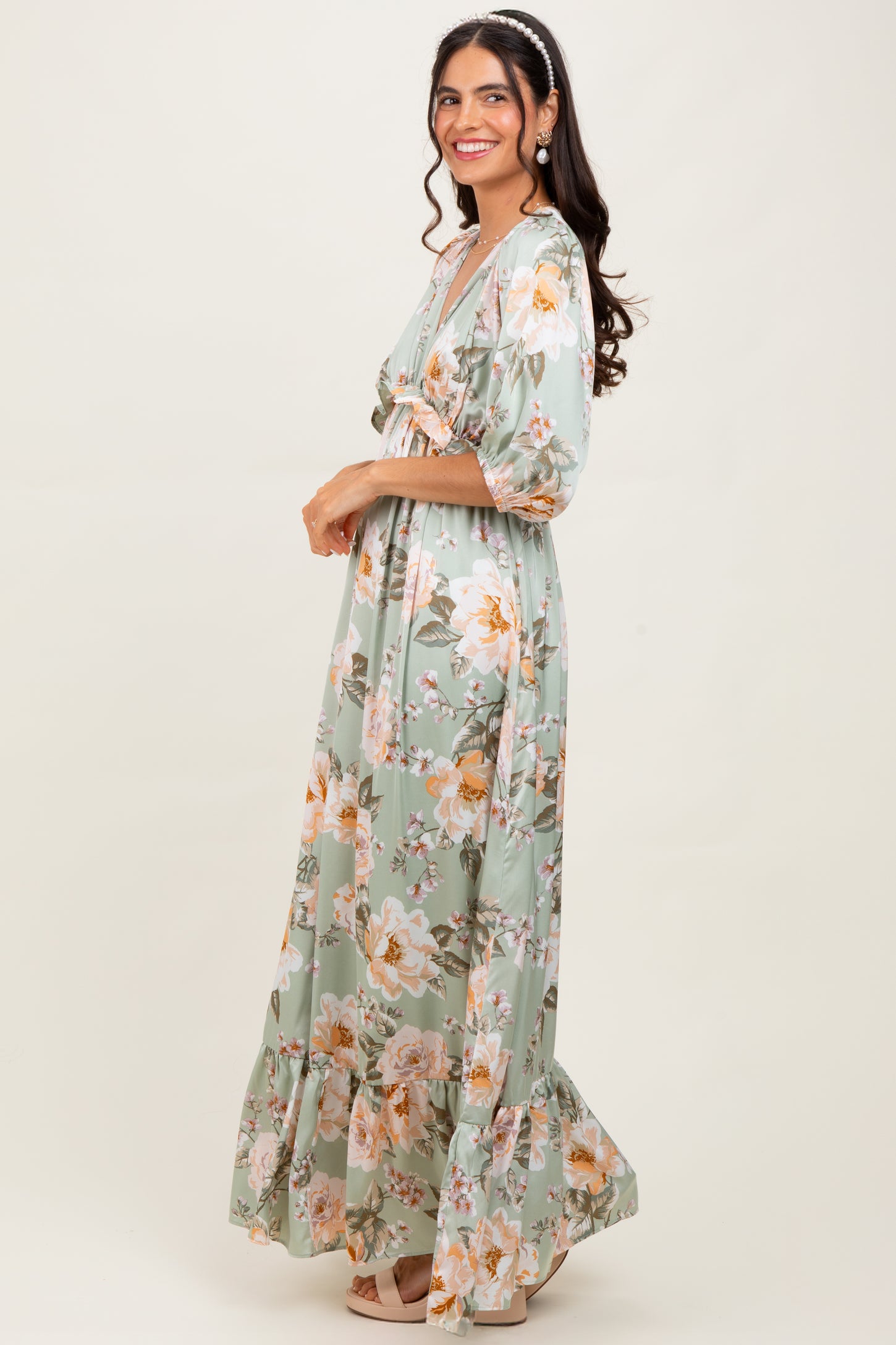 Sage Floral Print Elbow Sleeve V-Neck Tiered Maxi Dress
