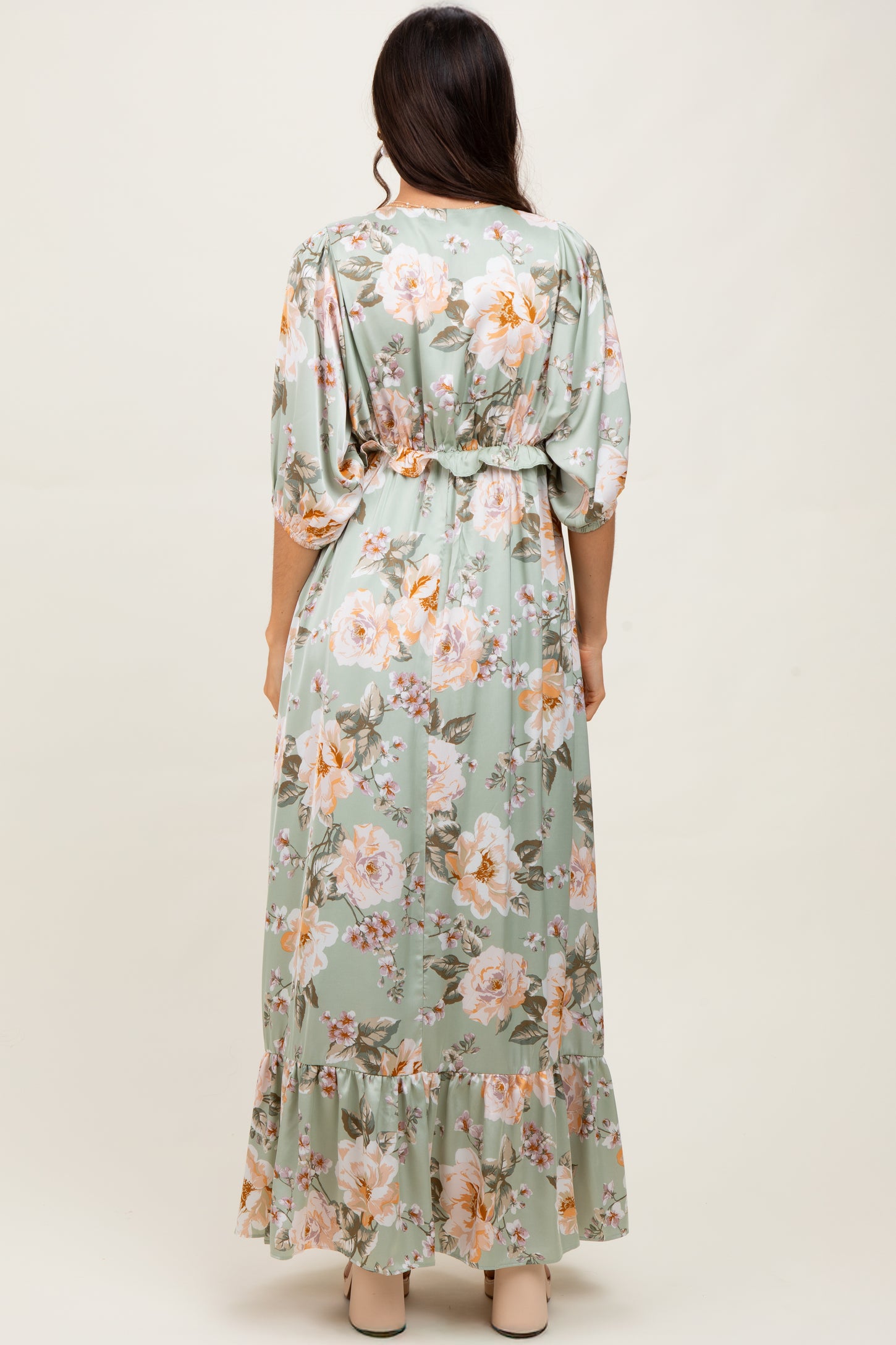 Sage Floral Print Elbow Sleeve V-Neck Tiered Maxi Dress