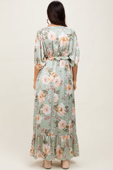 Sage Floral Print Elbow Sleeve V-Neck Tiered Maxi Dress