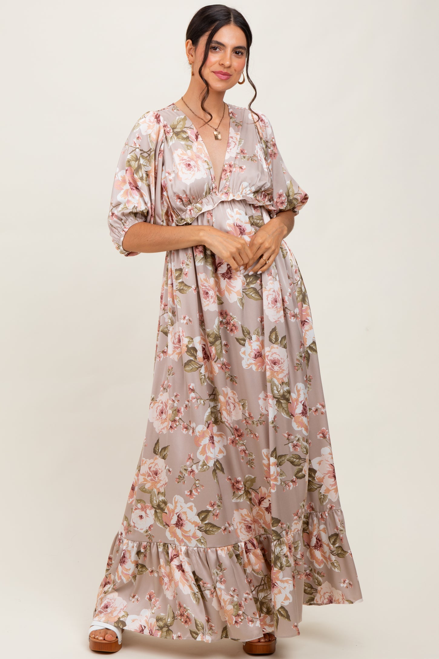 Taupe Floral Print Elbow Sleeve V-Neck Tiered Maxi Dress – PinkBlush
