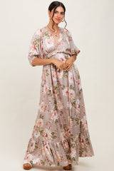 Taupe Floral Print Elbow Sleeve V-Neck Tiered Maxi Dress
