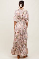 Taupe Floral Print Elbow Sleeve V-Neck Tiered Maxi Dress