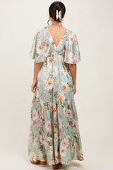 Sage Floral Print Elbow Sleeve V-Neck Tiered Maxi Dress