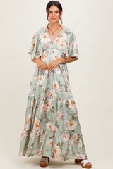 Sage Floral Print Elbow Sleeve V-Neck Tiered Maternity Maxi Dress