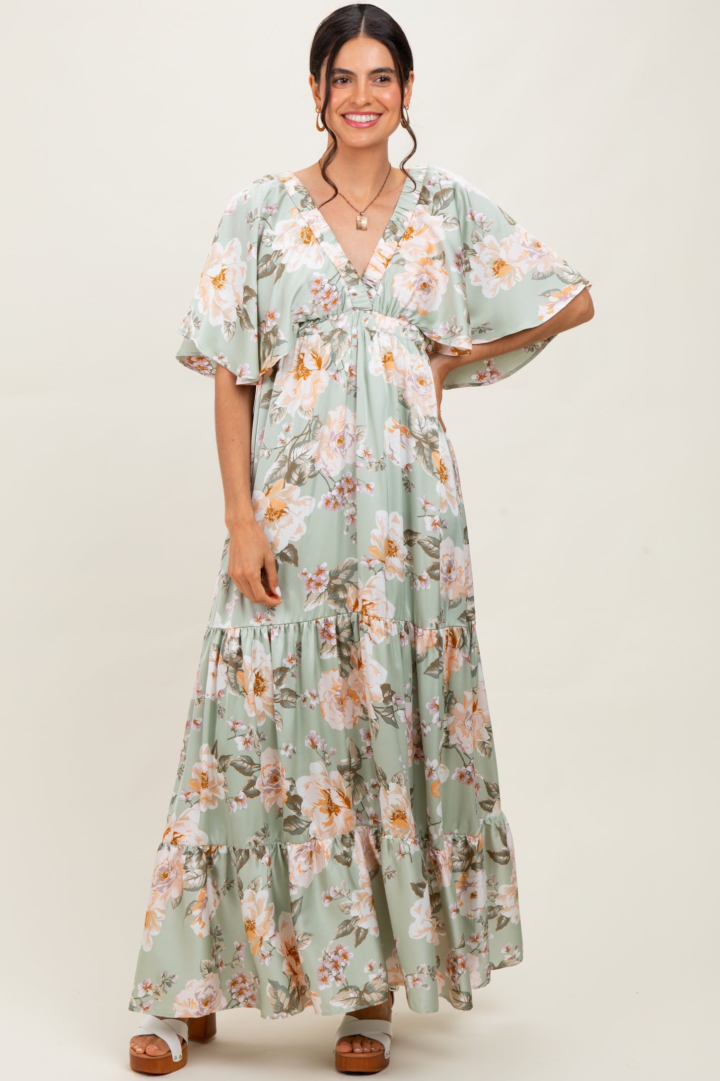 Sage Floral Print Elbow Sleeve V-Neck Tiered Maxi Dress