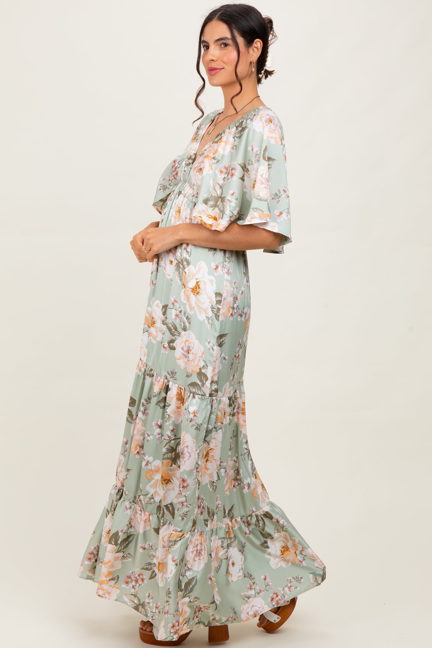 Sage Floral Print Elbow Sleeve V-Neck Tiered Maxi Dress