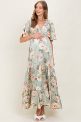 Sage Floral Print Elbow Sleeve V-Neck Tiered Maternity Maxi Dress