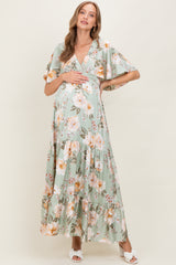 Sage Floral Print Elbow Sleeve V-Neck Tiered Maternity Maxi Dress