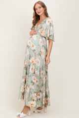 Sage Floral Print Elbow Sleeve V-Neck Tiered Maternity Maxi Dress
