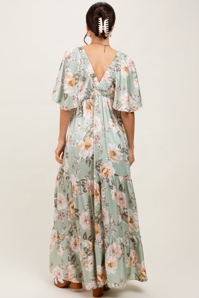 Sage Floral Print Elbow Sleeve V-Neck Tiered Maxi Dress