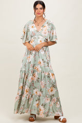 Sage Floral Print Elbow Sleeve V-Neck Tiered Maxi Dress
