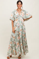 Sage Floral Print Elbow Sleeve V-Neck Tiered Maxi Dress