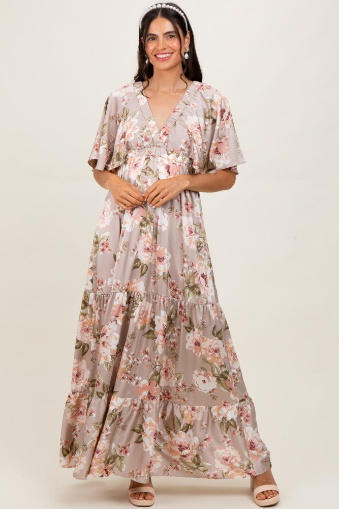 Taupe Floral Print Elbow Sleeve V-Neck Tiered Maxi Dress