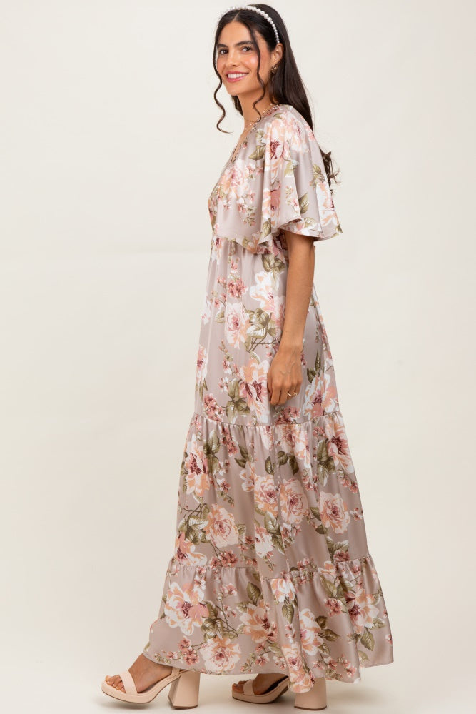 Taupe Floral Print Elbow Sleeve V-Neck Tiered Maxi Dress