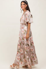 Taupe Floral Print Elbow Sleeve V-Neck Tiered Maxi Dress