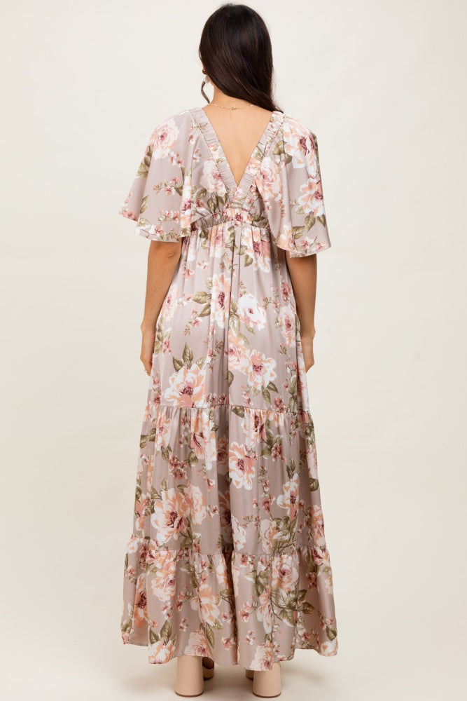 Taupe Floral Print Elbow Sleeve V-Neck Tiered Maxi Dress