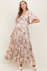 Taupe Floral Print Elbow Sleeve V-Neck Tiered Maternity Maxi Dress