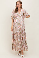 Taupe Floral Print Elbow Sleeve V-Neck Tiered Maternity Maxi Dress