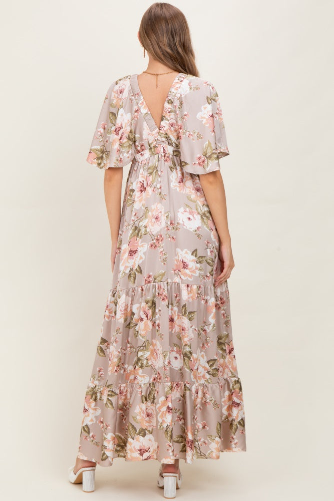 Taupe Floral Print Elbow Sleeve V-Neck Tiered Maternity Maxi Dress