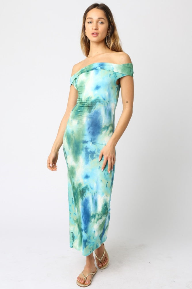 Blue Tie Dye Off Shoulder Maxi Dress