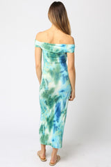 Blue Tie Dye Off Shoulder Maxi Dress