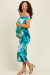 Blue Tie Dye Off Shoulder Maternity Maxi Dress
