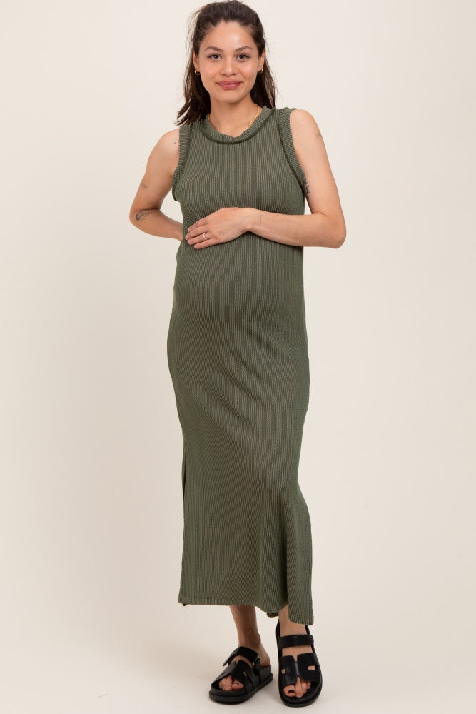 Olive Ribbed Sleeveless Side Slit Maternity Midi Dress