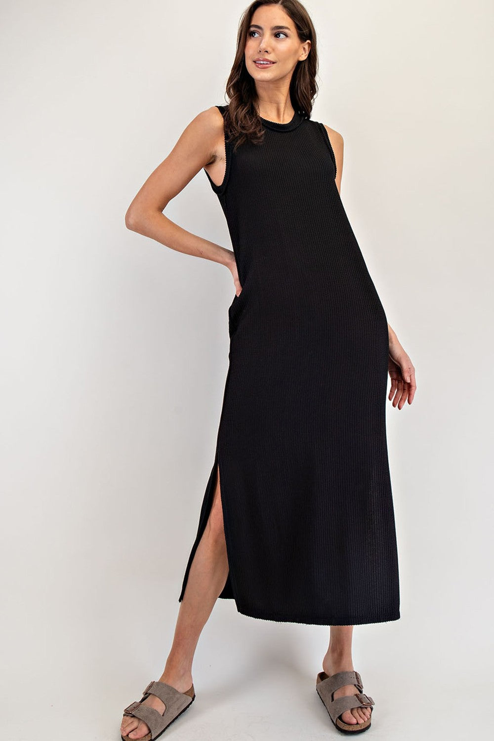 Black Ribbed Sleeveless Side Slit Maternity Midi Dress