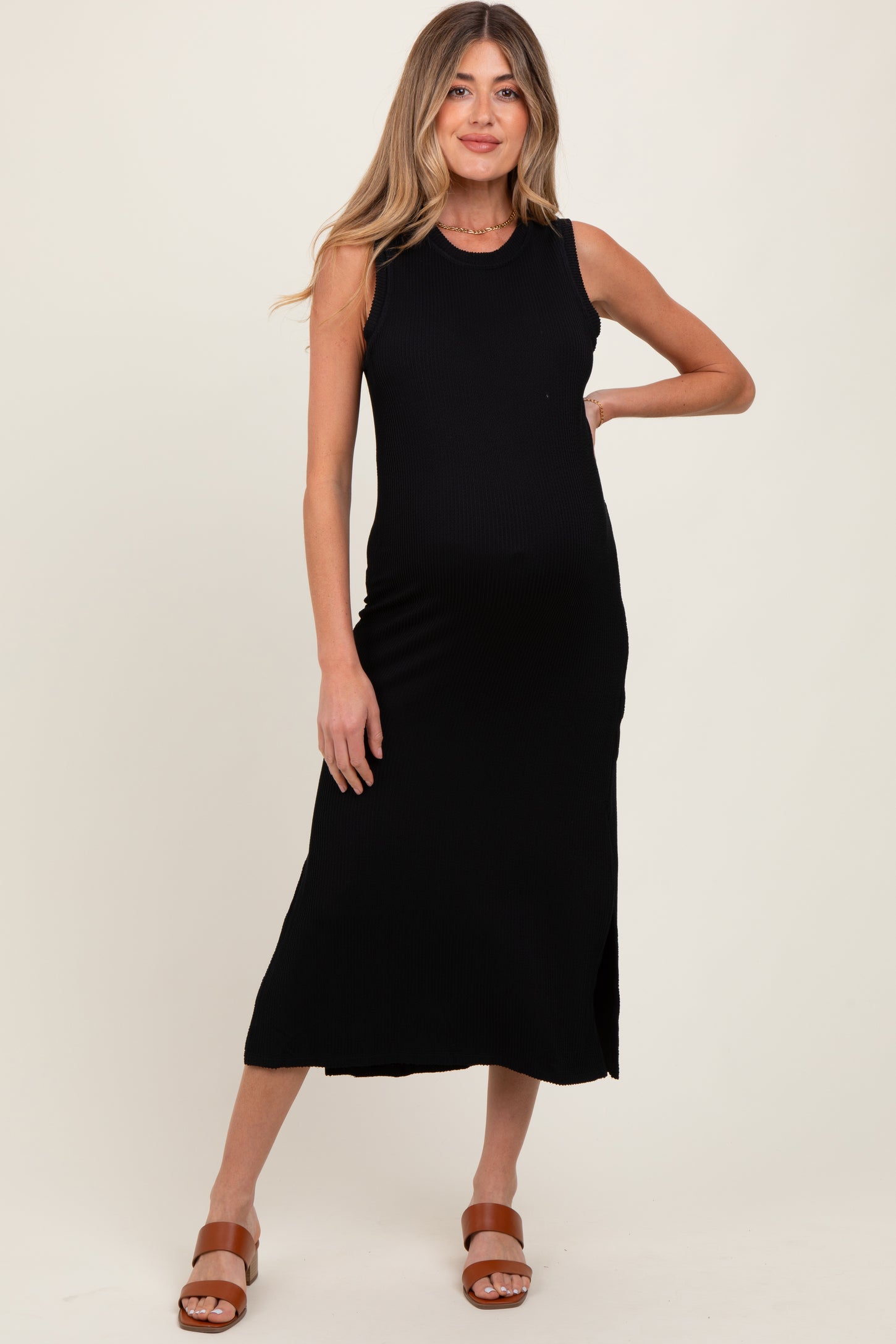 Black Ribbed Sleeveless Side Slit Maternity Midi Dress