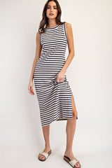 Beige Striped Sleeveless Side Slit Midi Dress
